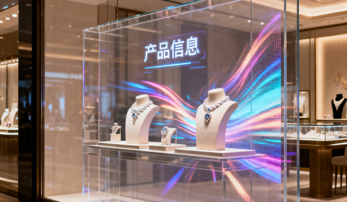 高端商场珠宝橱窗中安装的long8透明AmLED显示屏，屏幕后方珠宝展品清晰可见，屏幕上浮动显示产品信息和动态光影效果
