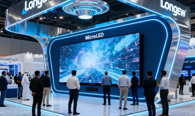 迪拜国际显示技术展会上long8展台全景，参观者围绕Micro LED巨幕驻足观看，展台设计充满科技感