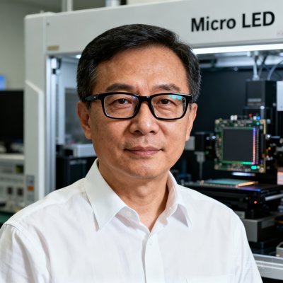 long8创始人兼CEO陈启明博士正面照，45岁男性，戴黑框眼镜，穿白色衬衫，背景为Micro LED实验室